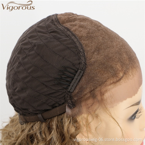 Vigorous Cheap Lace Frontal Synthetic Kinky Curly Wigs for White Women Long Ombre Brown To Blonde Wig Heat Resistant Fiber